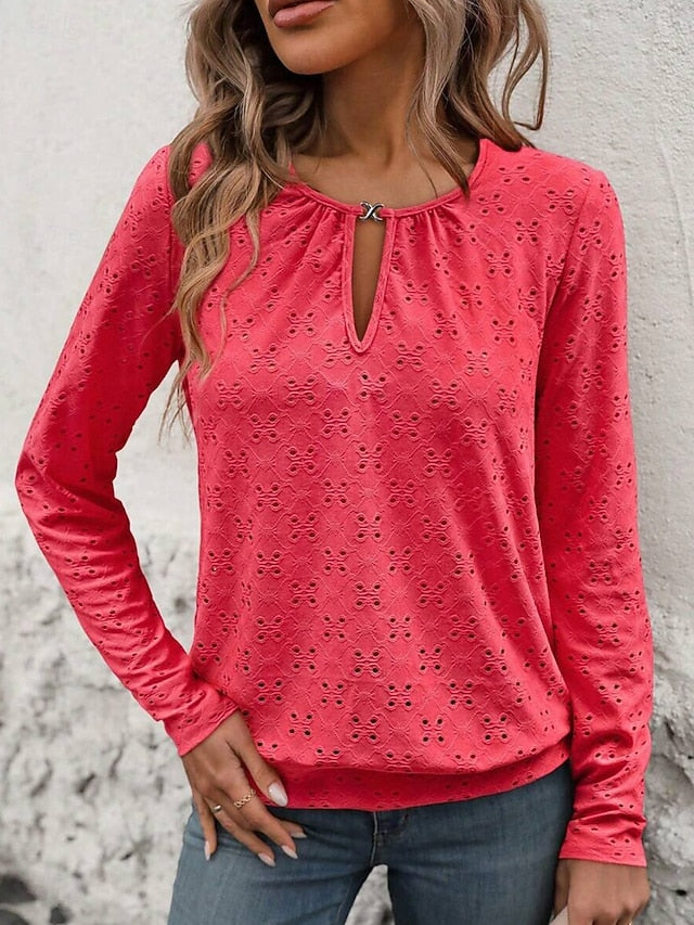 Women's Texture Blouse Eyelet Top Pointelle Tee T Shirt