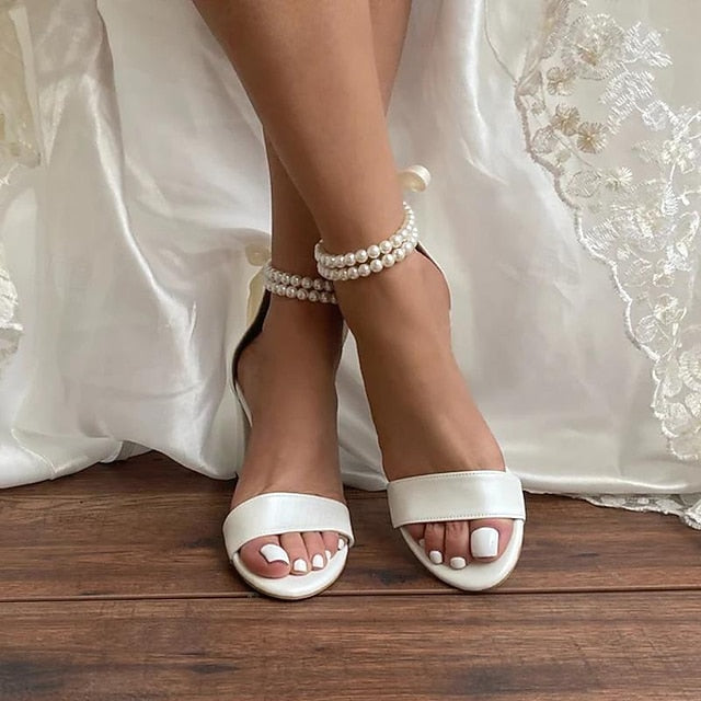 Sandals Satin Pearl with White - Heels and Wedding Anklet Block