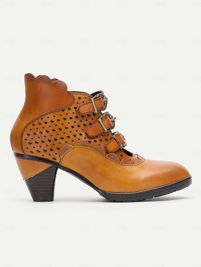 Perforated - Strap Boots Women's Brown Ankle Buckle Vintage