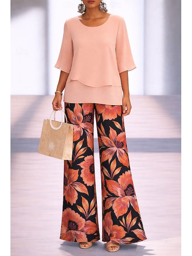 Women's Pants Sets Half Sleeve Butterfly Sleeve Round Neck