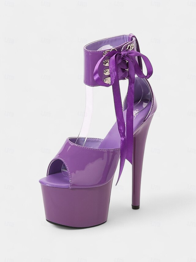 Patent Platform Sandals Lace-Up Black Straps Ankle Leather with