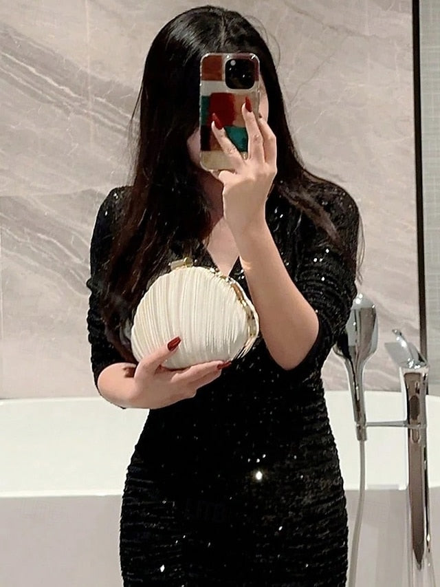 Women's Satin Clutch Shell Purse Pleated Evening