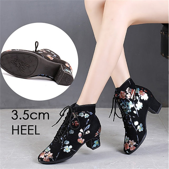 Lace-up for Comfortable – Women Shoes Floral Low Dance Black