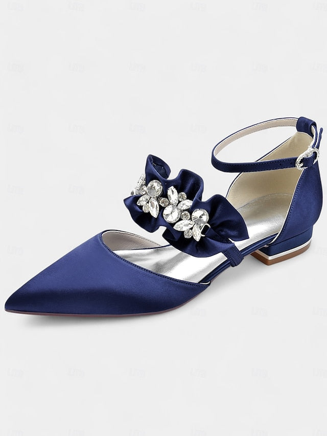 with Pointed-Toe Satin Women's Rhinestone Black Flats