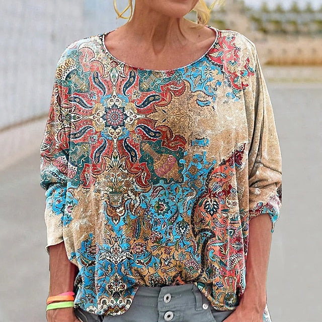 Women's Boho Shirt Blouse Patchwork Print Graphic Vintage