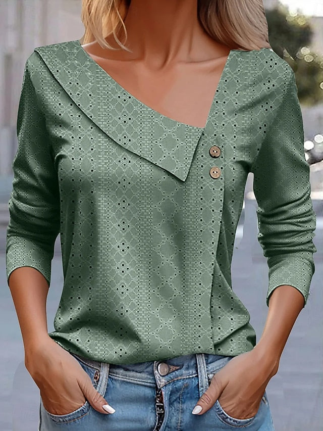Women's Pointelle Shirt Eyelet Top Blouse Patchwork Solid