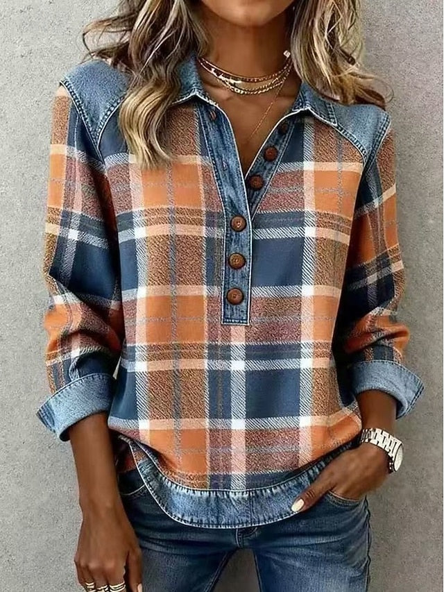 Women's Pullover Plaid Casual Long Sleeve Lapel Regular