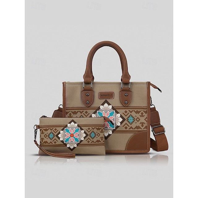 Handbag Canvas Leather Set Faux Ethnic Women's and with