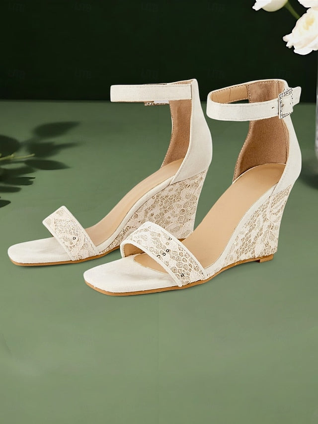 Women Heel – Strap Stylish Lace Ankle White Wedge for Sandals