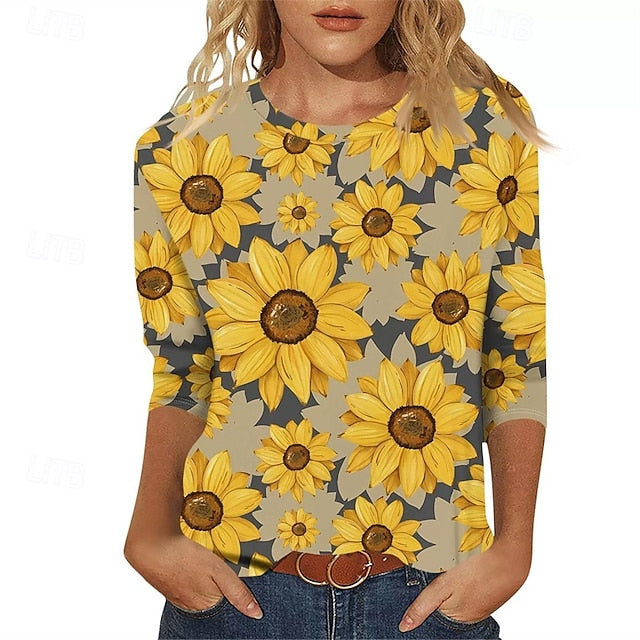 Women's T Shirt Print Graphic Sunflower Casual Short Sleeve