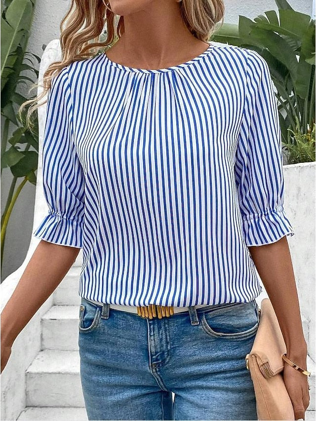 Women's Blouse Dressy Tops Ruffle Buttons Striped Elegant