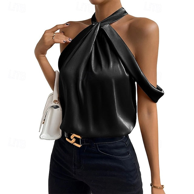Women's Shirt Elegant Dressy Satin Top Ruched Draped Solid