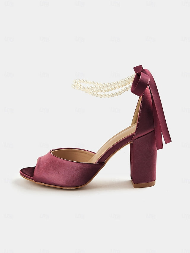 Heel Ankle Block with Women's Peep-Toe Pearl Satin Sandals