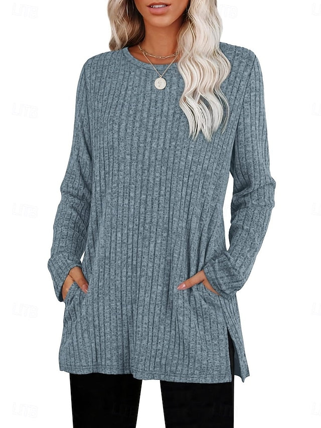 Women's Blouse Long Sleeve Tops Pocket Plain Stylish