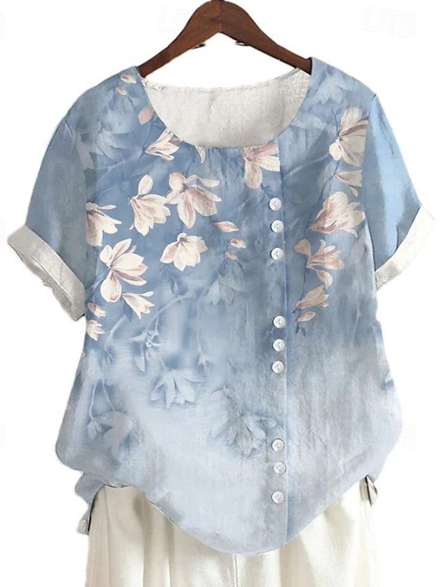 Women's Shirt Blouse Faux Cotton Linen Floral Casual Short