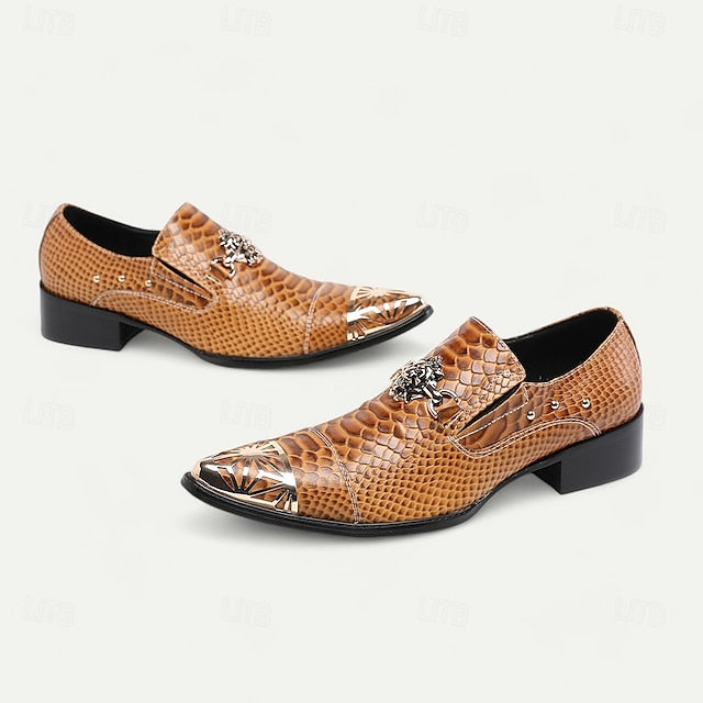 Brown with Leather Snake Pattern Slip-On Men's Metal Shoes