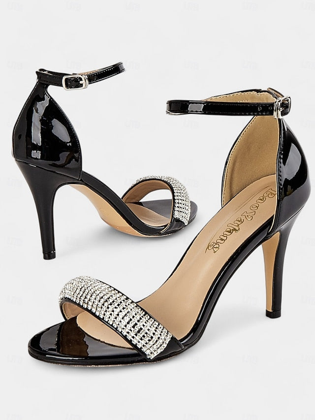 Sandals Rhinestone High Leather Heel Patent with Black