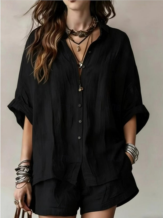 Women's Shorts Sets Long Sleeve Shirt Collar Solid Color