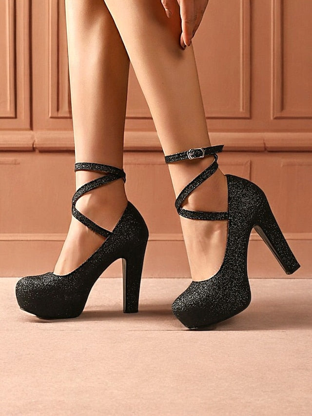 with Ankle Pink – Women's Strap Glitter Platform Heels