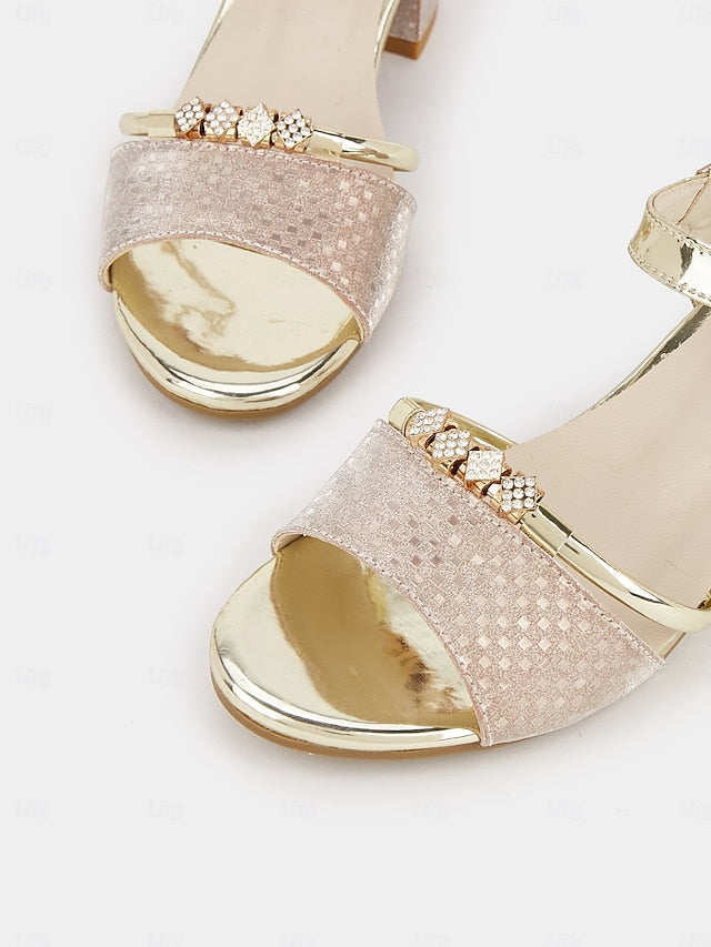 – Gold Sandals for Women Block Heel Rhinestone-Embellished