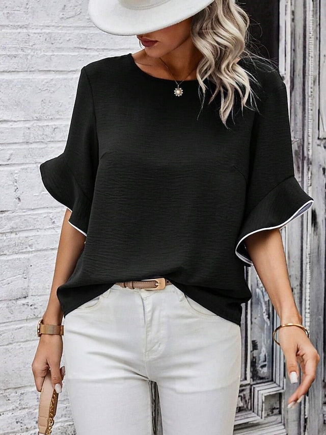 Women's Blouse Ruffle Solid Color Stylish Casual 3/4 Length
