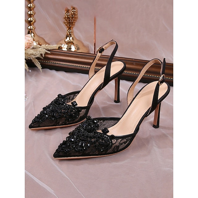 Pointed-Toe Heel with White Kitten Pearl-Embellished Slingback