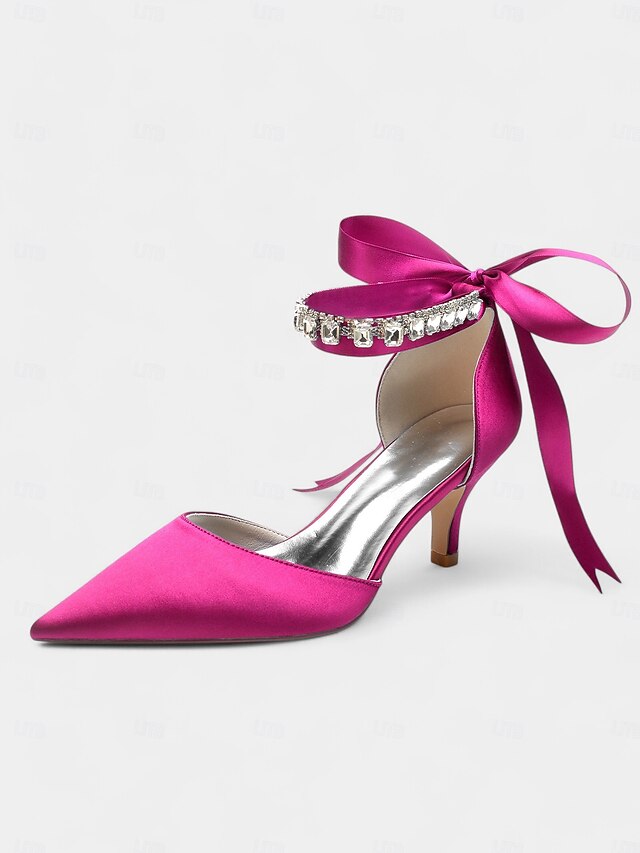 Satin Ankle Strap Blue Heels Pointed-Kitten and with Rhinestone