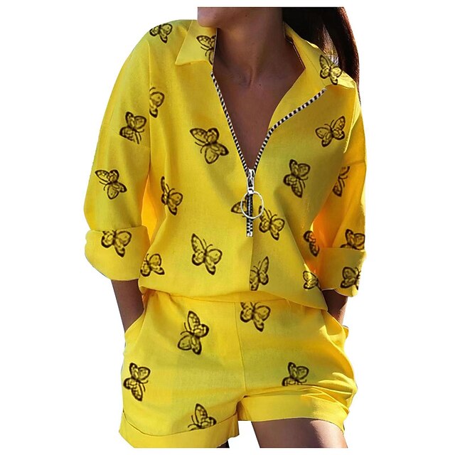 Women's Shirt Shorts Sets Baggy Shorts Long Sleeve Shirt