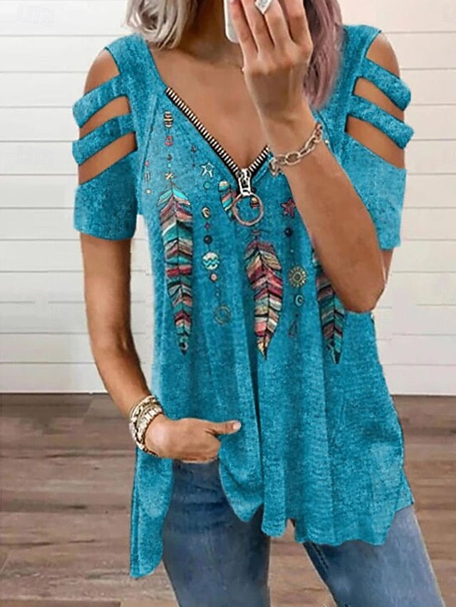 Women's Boho Shirt Blouse Patchwork Zipper Print Graphic
