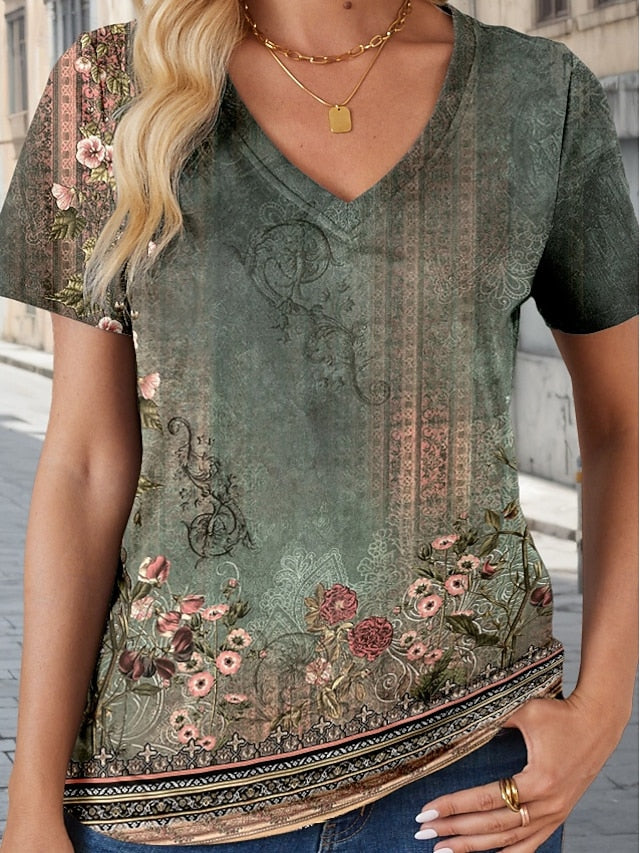 Women's T Shirt Print Vintage Casual Short Sleeve V Neck