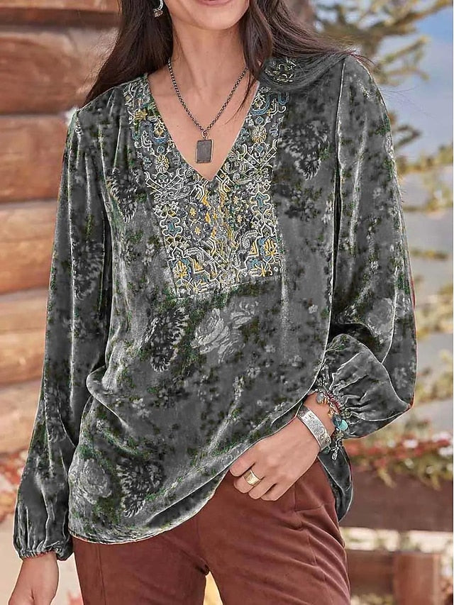 Women's Shirt Boho Shirt Blouse Velvet Basic Floral Print