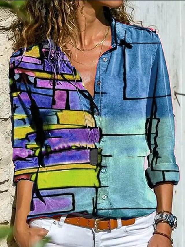 Women's Shirt Blouse Buttons Color Block Modern Casual Long