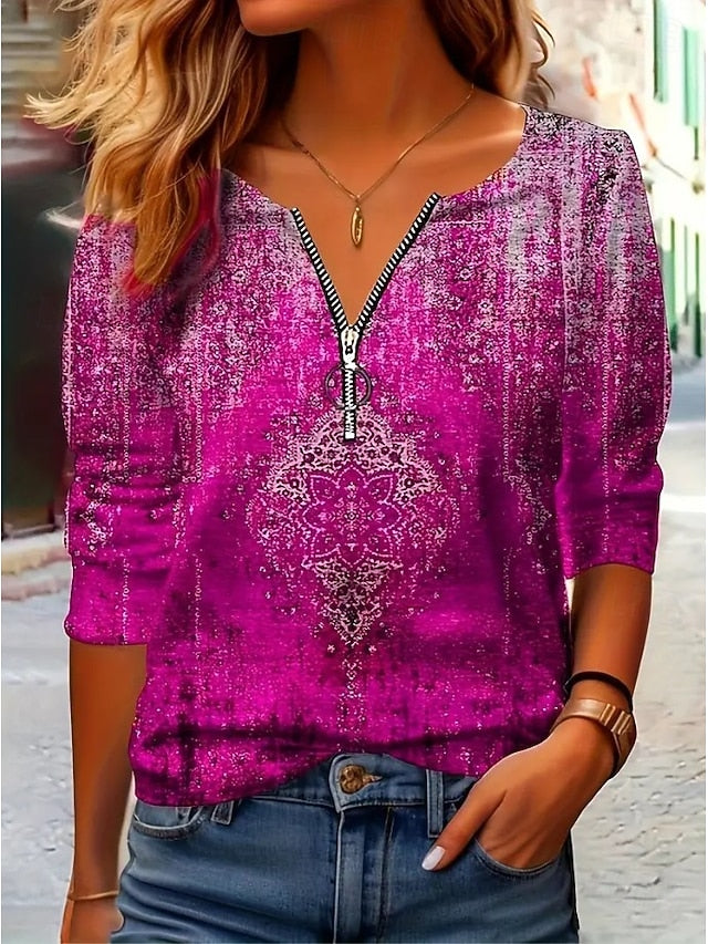 Women's T shirt Long Sleeve Quarter Zip Long Sleeve Casual