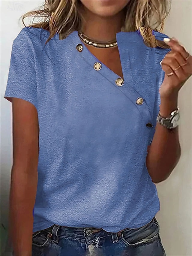 Women's T Shirt Dressy Tops Buttons Solid Color Stylish