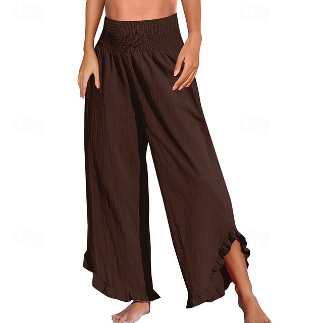 Women's Cotton Linen Pants Culottes Wide Leg Slacks Fashion