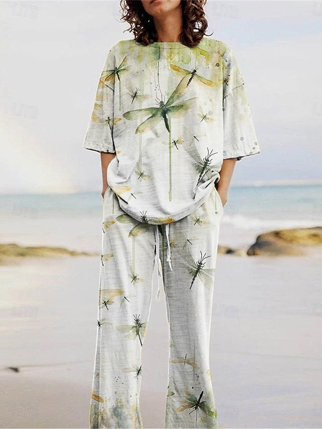 Women's Pants Sets 3/4 Length Sleeve Crew Neck Animal Print