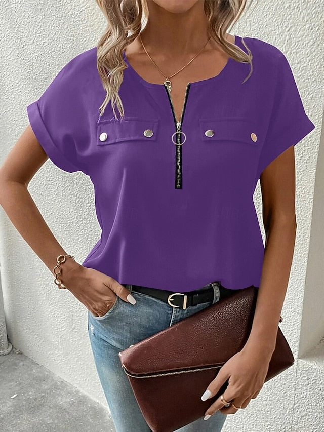 Women's T Shirt Tee Top Zipper Plain Fashion Stylish