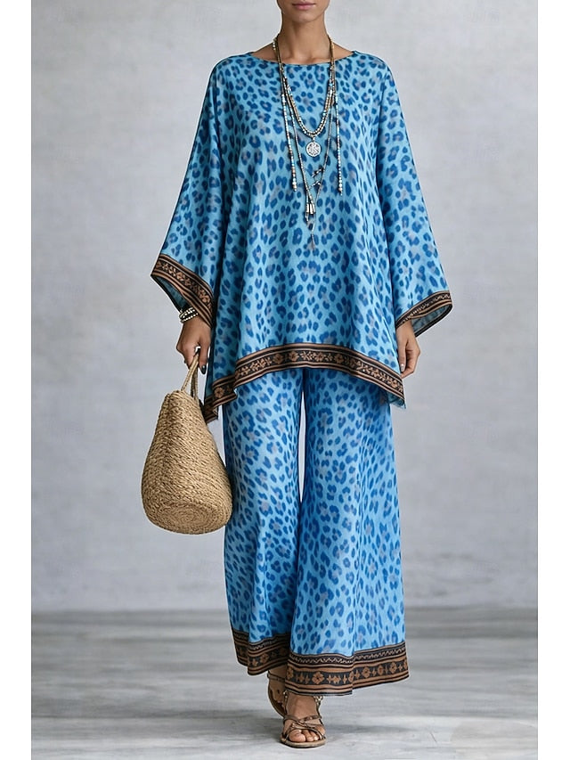 Women's Pants Sets Long Sleeve Round Neck Graphic Leopard