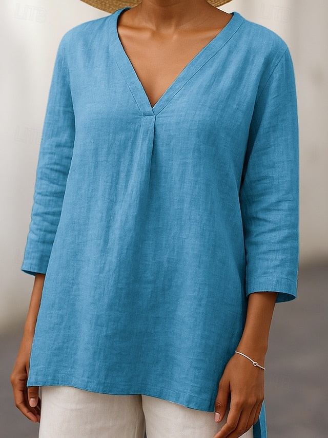 Women's T Shirt Solid Color Casual 3/4 Length Sleeve V Neck