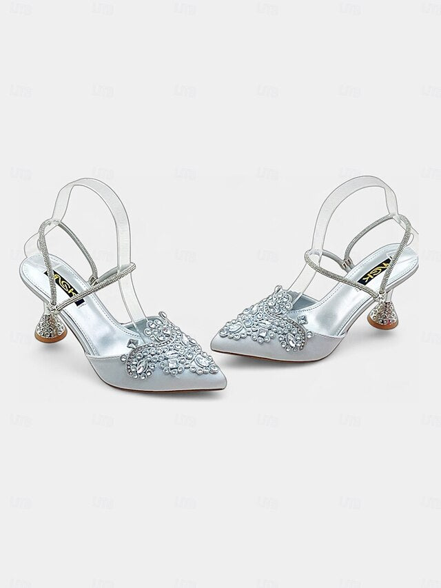 Women's Gold Toe Pointed Embellished Satin Rhinestone