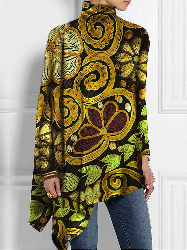 Women's T Shirt Fashion Floral Print Asymmetric Hem Long