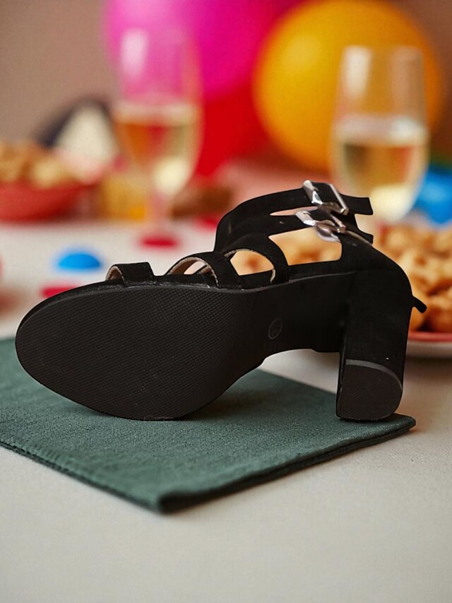 Open - Strappy Toe Heel Block Suede Sandals Women's Black