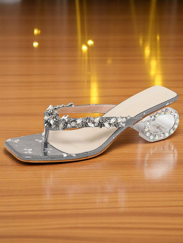 Women's Rhinestone Open Toe Sparkly Sandals Heels Silver -