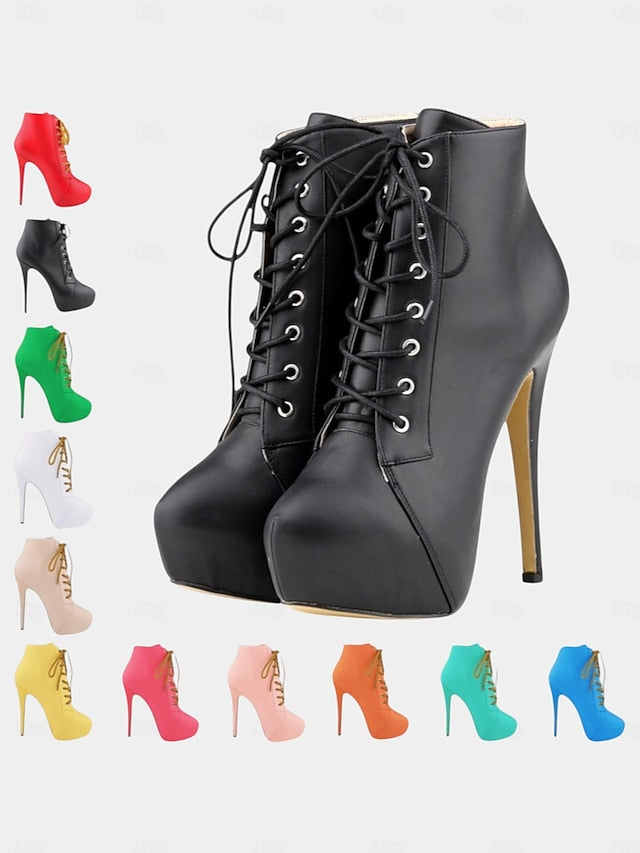 Beige Faux Lace-Up Leather Platform Women's Ankle Boots -