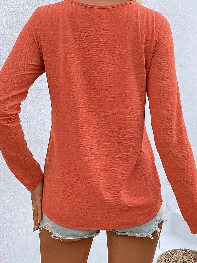 Women's T Shirt Button Front Textured Solid Color Fashion
