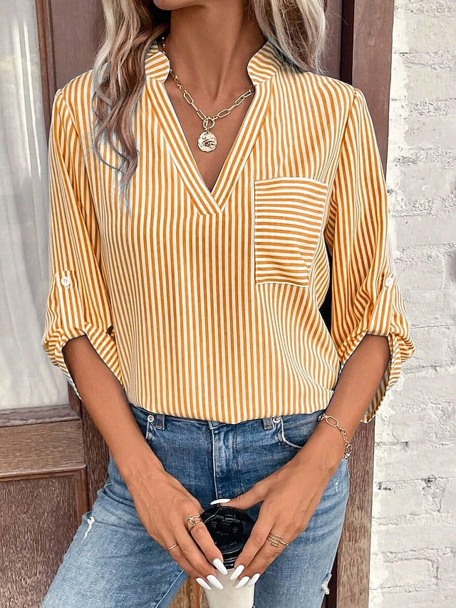 Women's Shirt Blouse Casual Striped Pocket Print Long
