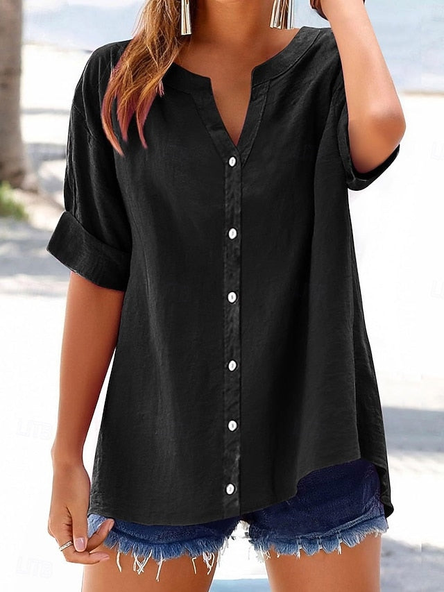 Women's Cotton Blouse Solid Color Elegant Casual Short