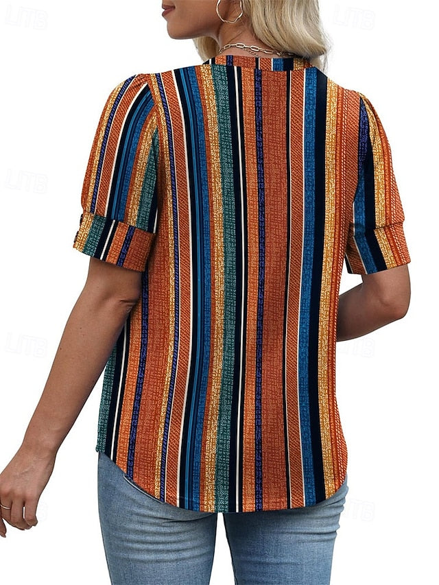 Women's T Shirt Summer Tops Patchwork Buttons Print Solid