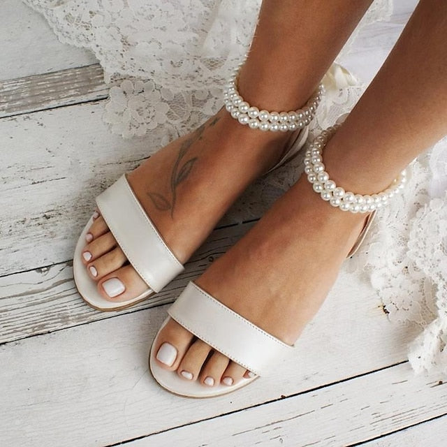 Flat with Ankle – Strap Pearl Women's Sandals White