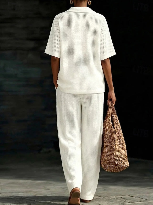 Women's Pants Sets Short Sleeve Shirt Collar Solid Color